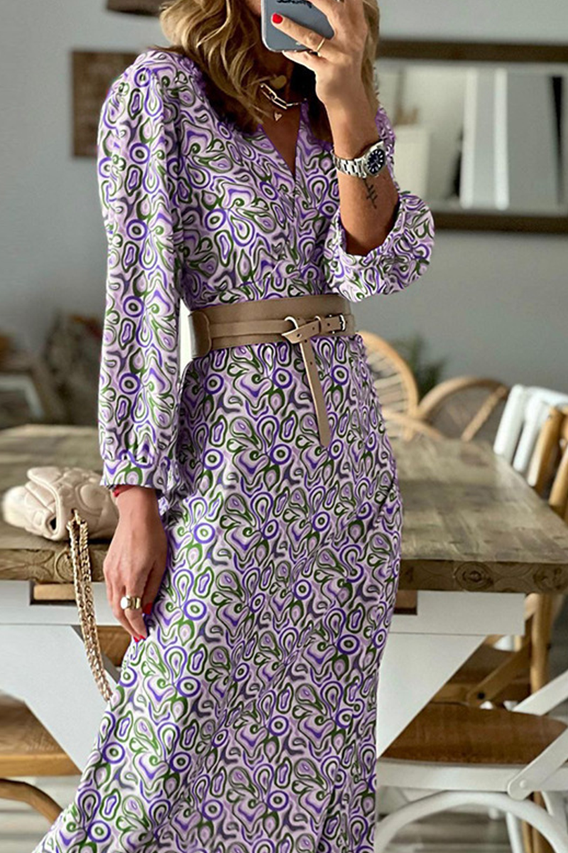 Print Patchwork V Neck Waist Skirt Dresses
