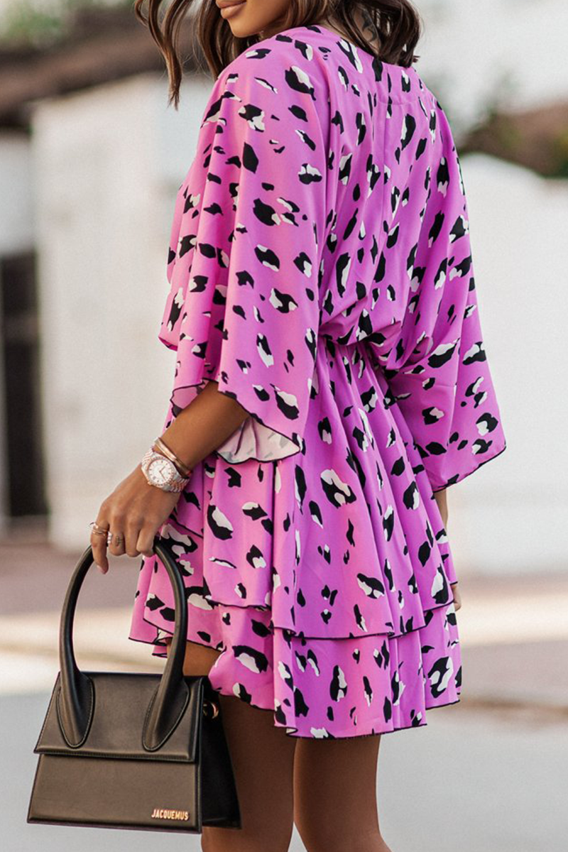 Print Patchwork V Neck Cake Skirt Dresses(4 Colors)