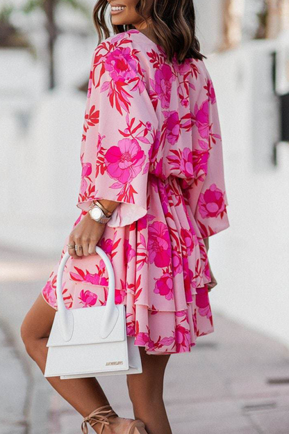 Print Patchwork V Neck Cake Skirt Dresses(4 Colors)