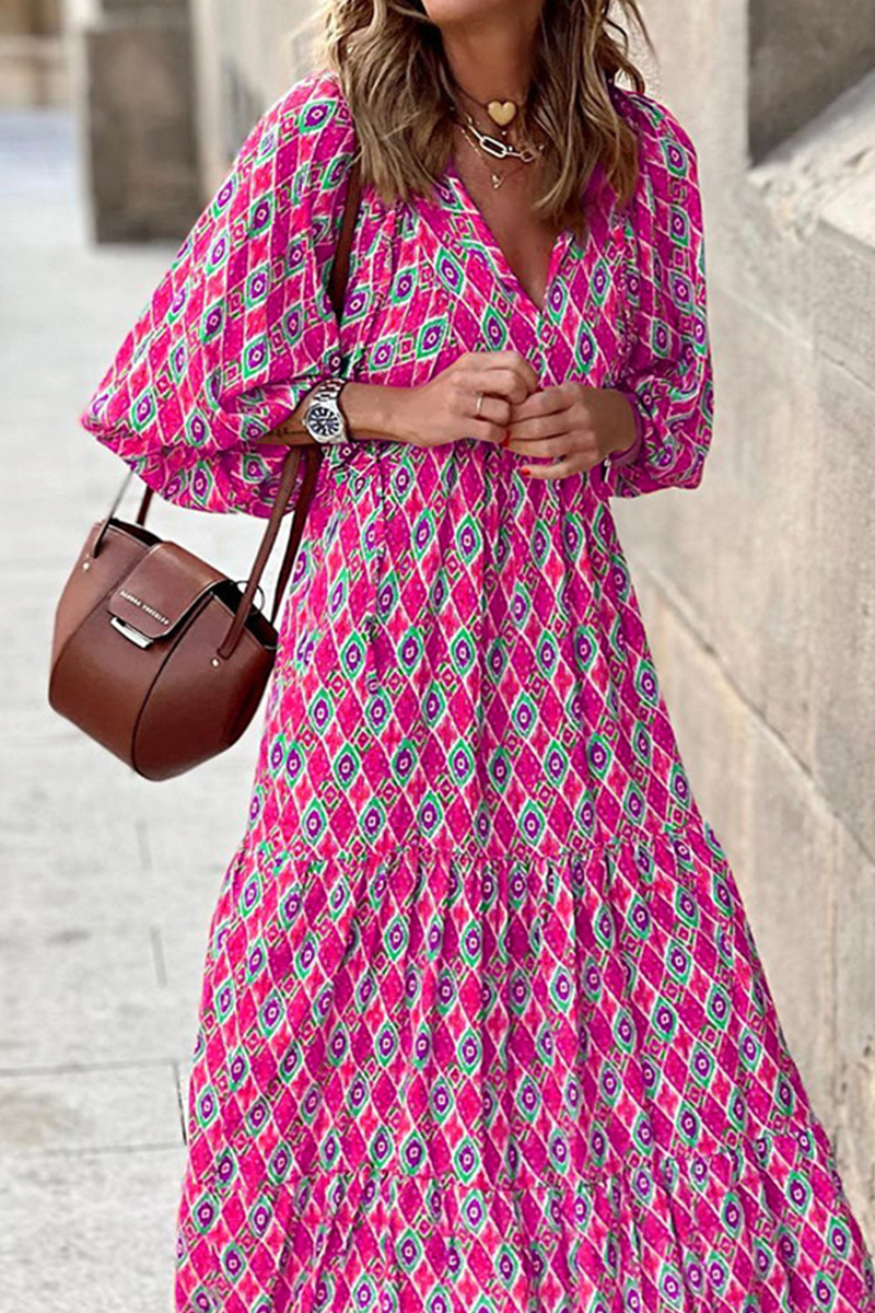 Print V Neck Cake Skirt Dresses(10 Colors)