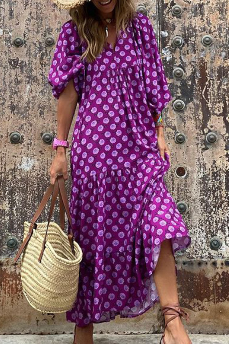 Print V Neck Cake Skirt Dresses(10 Colors)