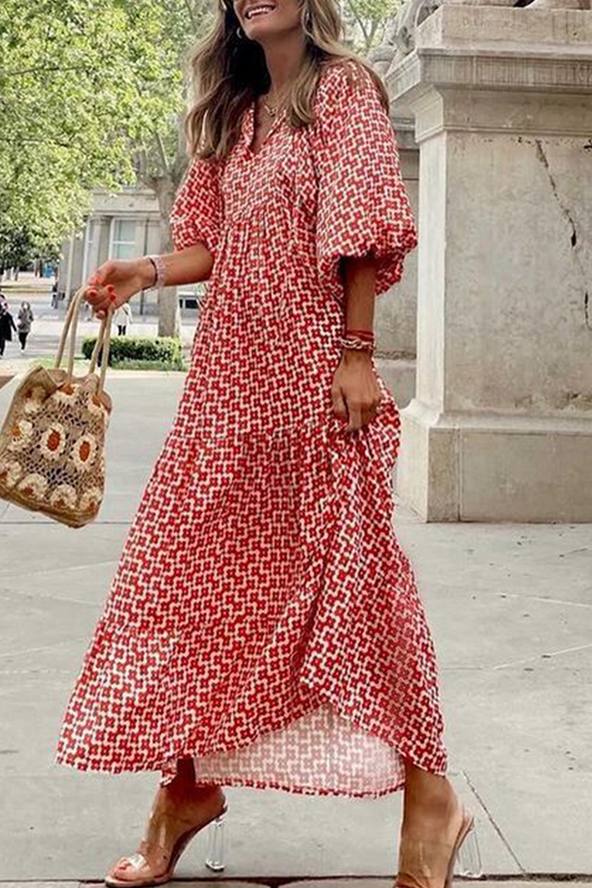 Print V Neck Cake Skirt Dresses(10 Colors)