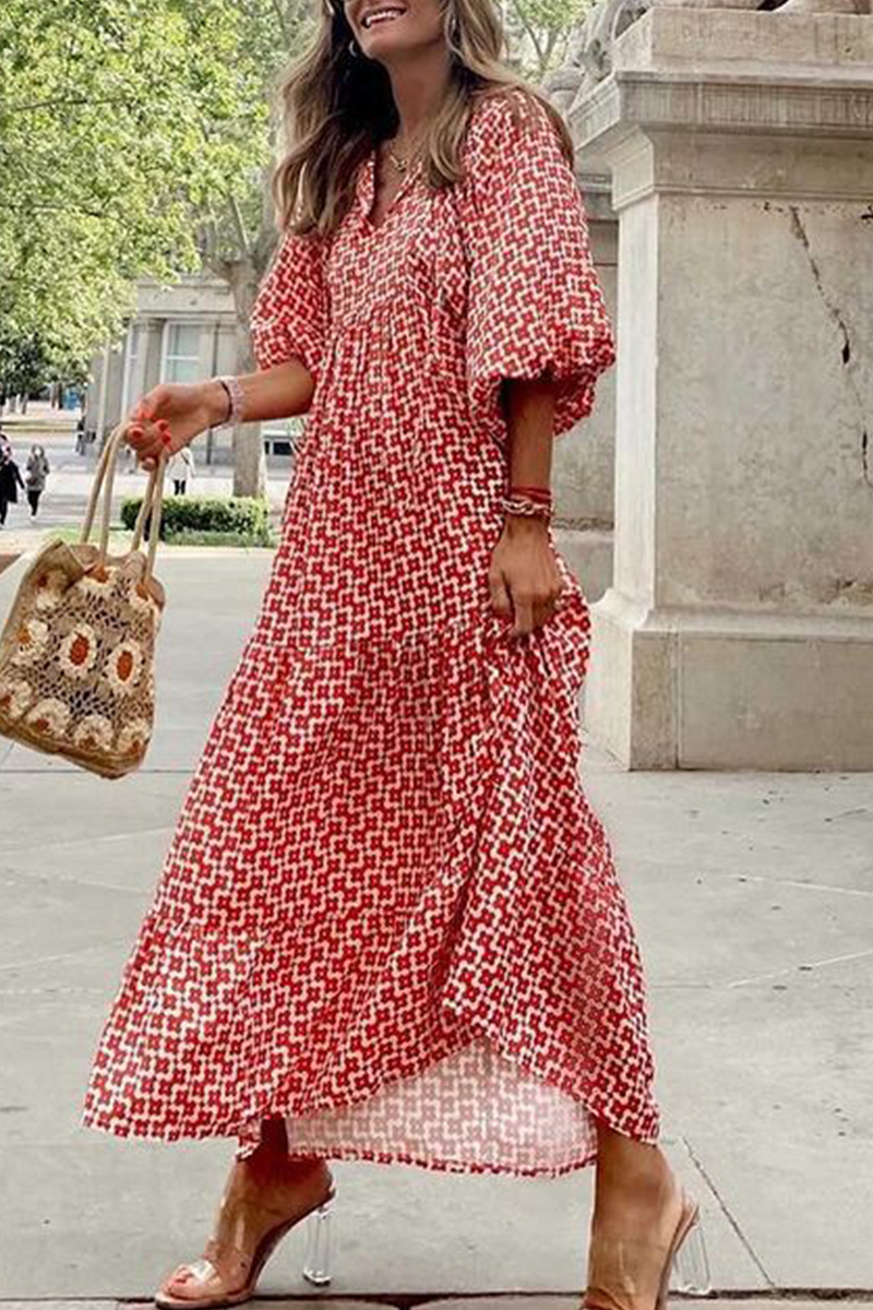 Print V Neck Cake Skirt Dresses(10 Colors)