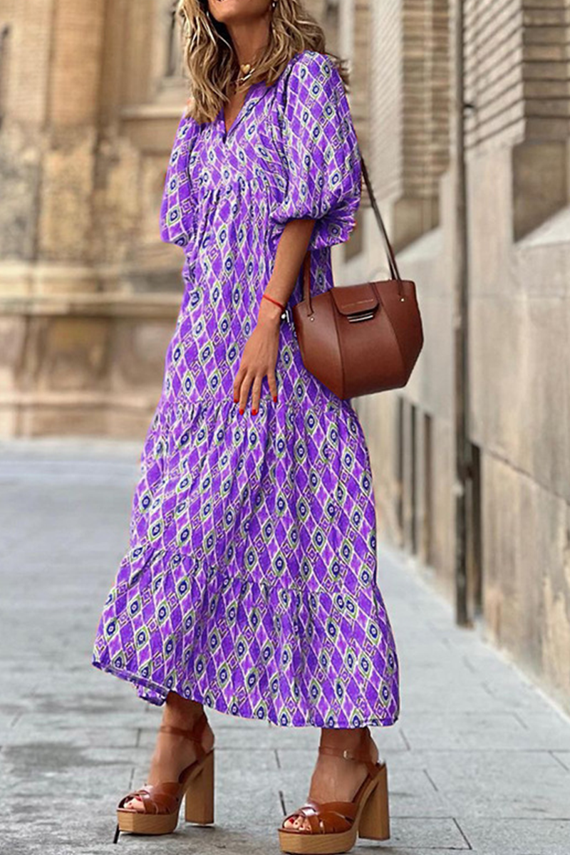 Print V Neck Cake Skirt Dresses(10 Colors)