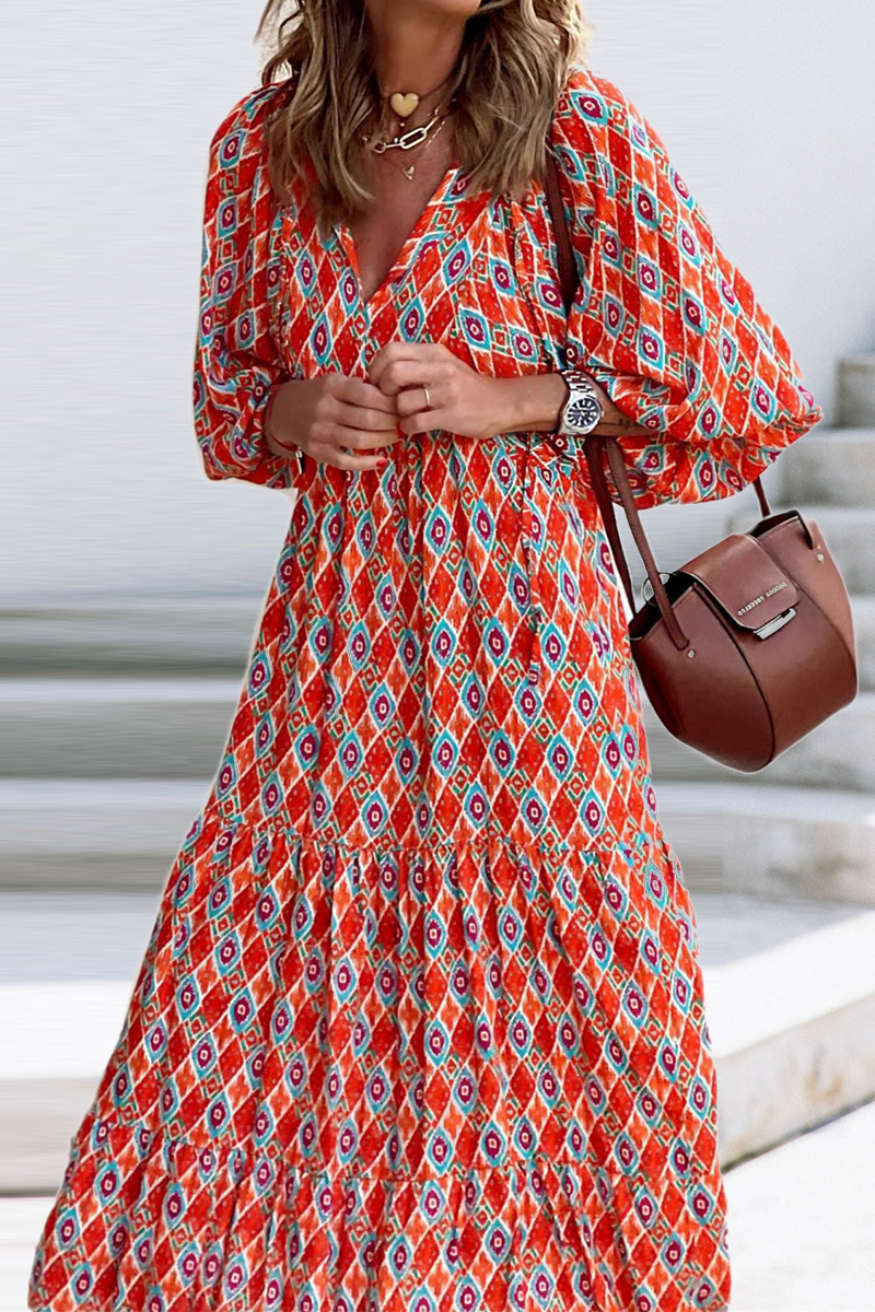 Print V Neck Cake Skirt Dresses(10 Colors)