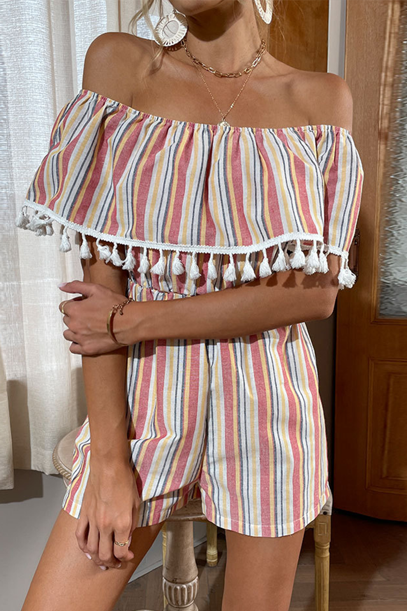 Print Tassel Off the Shoulder Straight Rompers