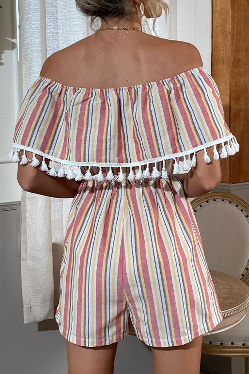 Print Tassel Off the Shoulder Straight Rompers
