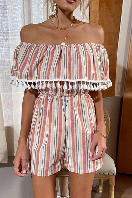 Print Tassel Off the Shoulder Straight Rompers