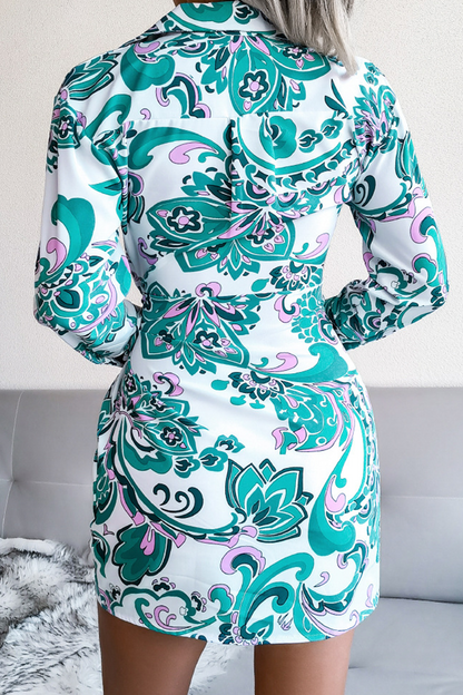 Print Patchwork Turndown Collar Waist Skirt Dresses