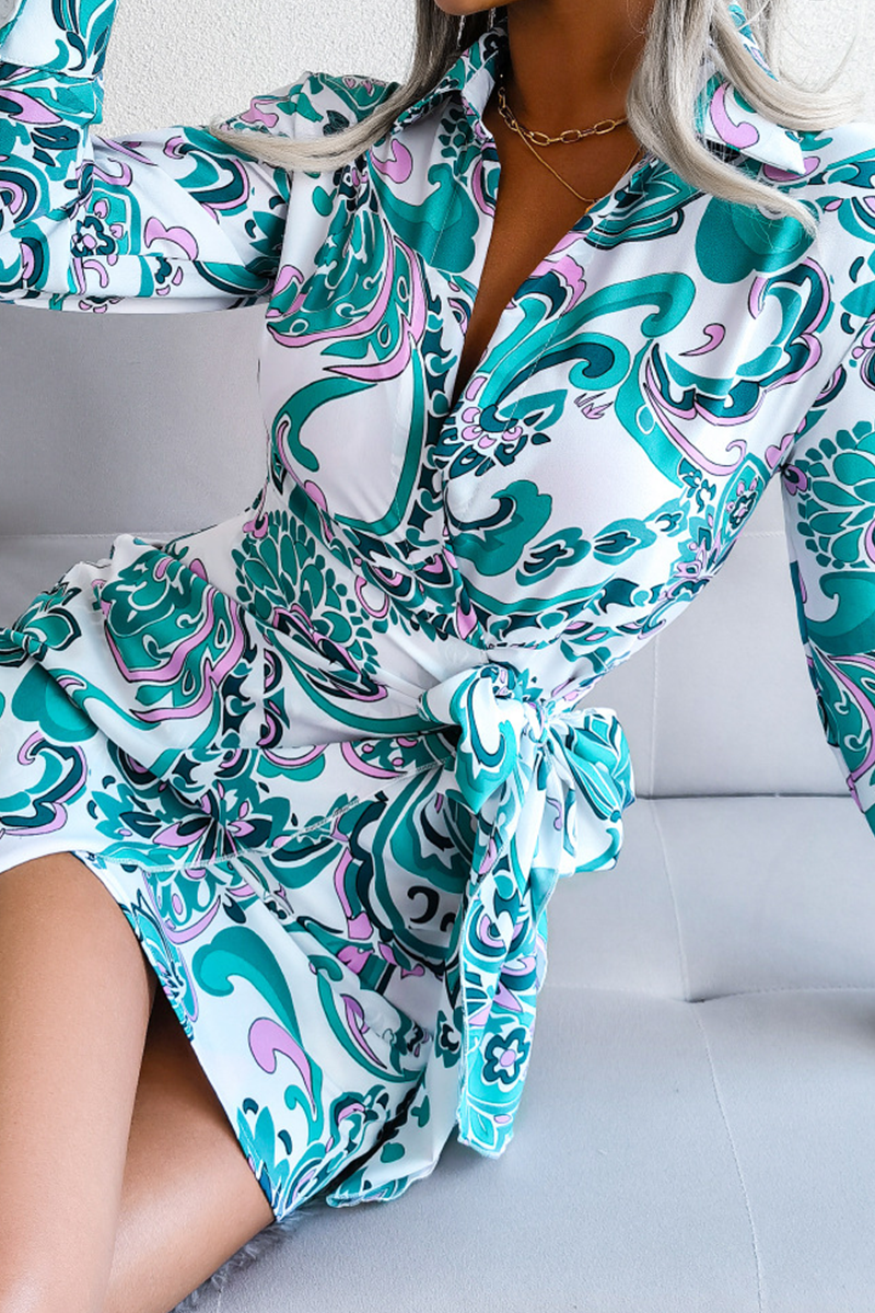 Print Patchwork Turndown Collar Waist Skirt Dresses