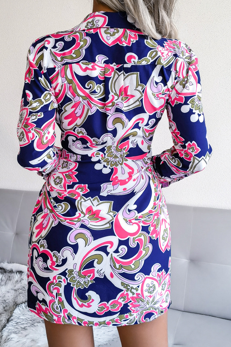 Print Patchwork Turndown Collar Waist Skirt Dresses