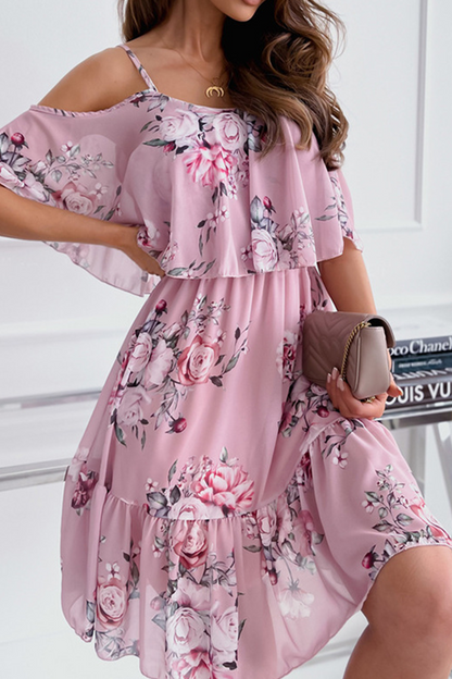 Print Patchwork Spaghetti Strap Cake Skirt Dresses(4 Colors)