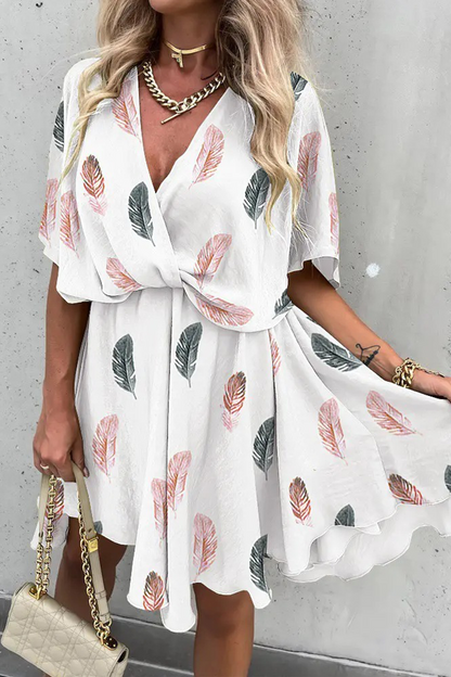Print Patchwork V Neck Waist Skirt Dresses(4 Colors)