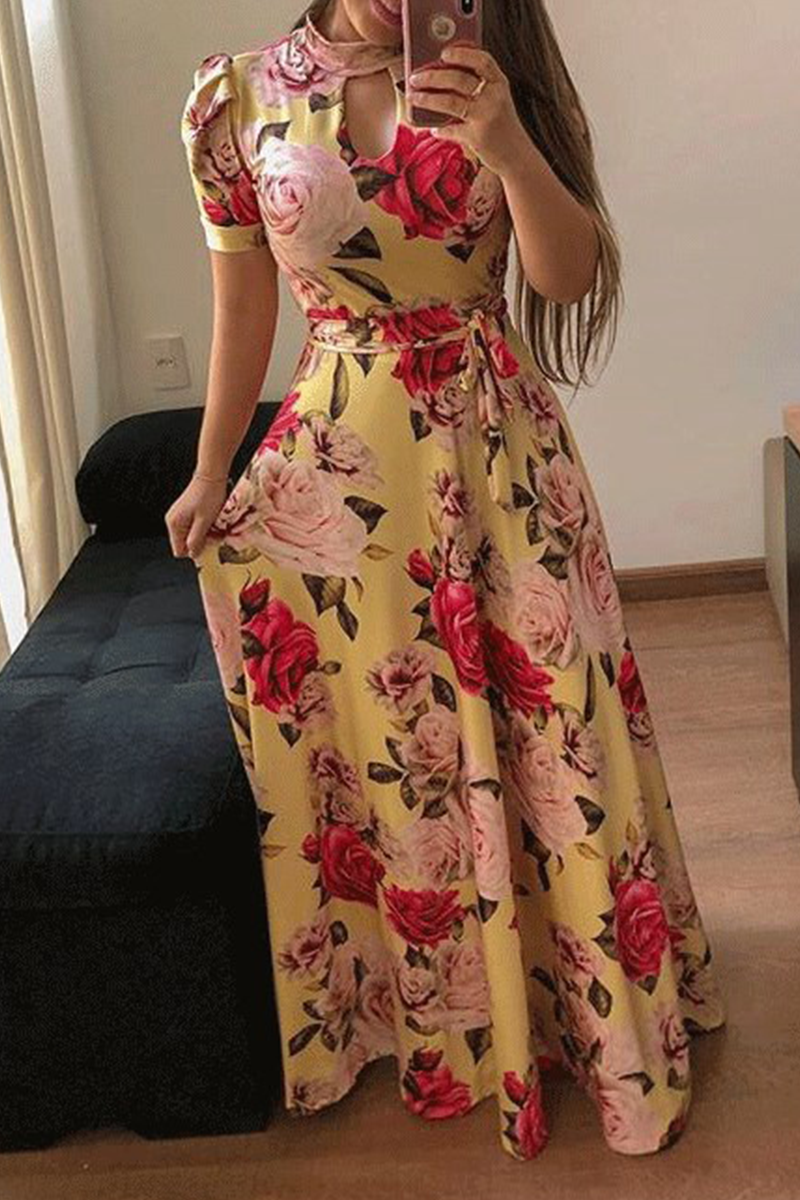 Print Hollowed Out Half a Turtleneck Cake Skirt Dresses