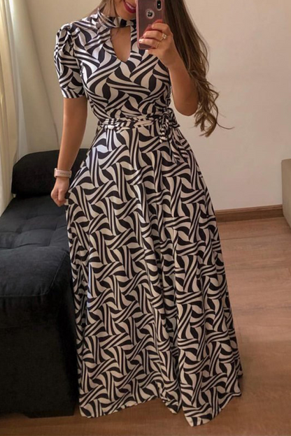 Print Hollowed Out Half a Turtleneck Cake Skirt Dresses