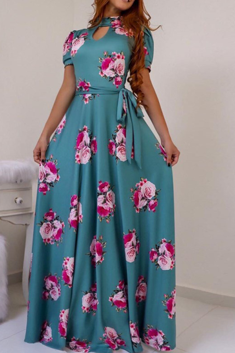 Print Hollowed Out Half a Turtleneck Cake Skirt Dresses