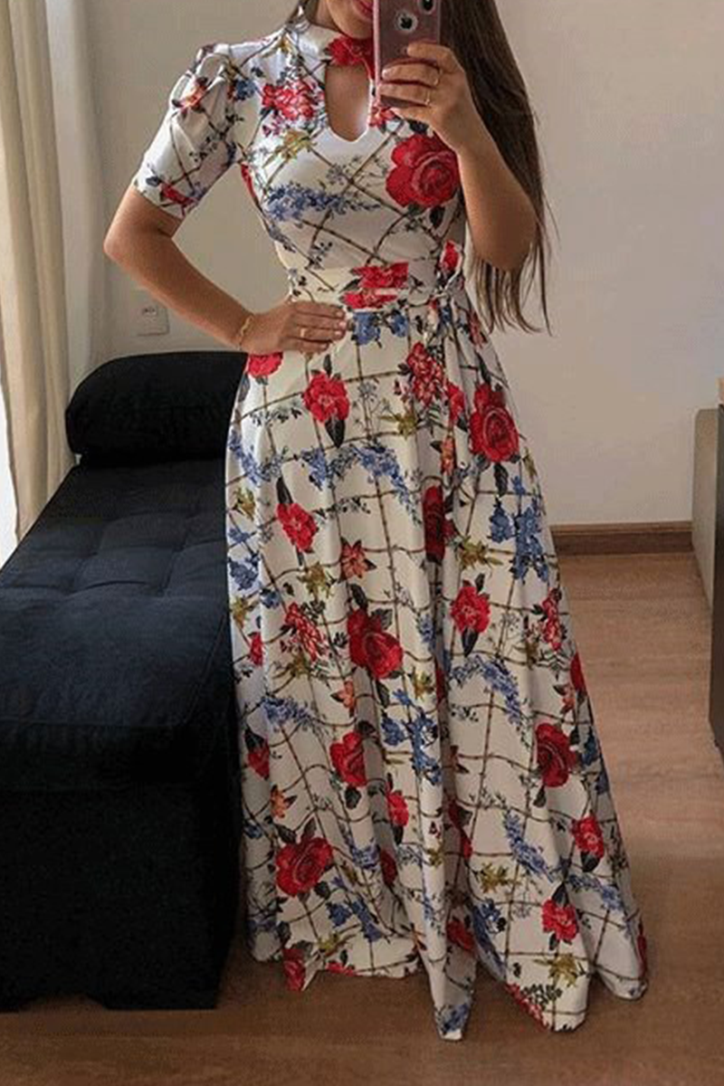 Print Hollowed Out Half a Turtleneck Cake Skirt Dresses