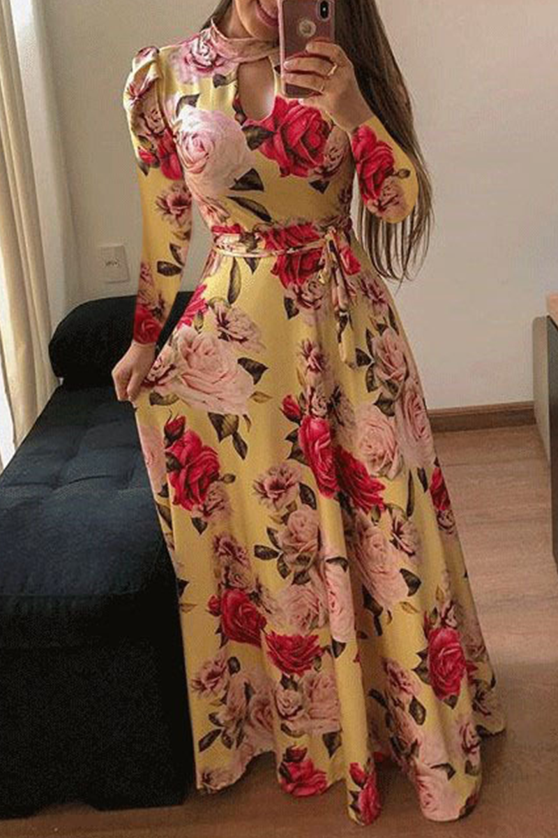 Vacation Print Hollowed Out Half a Turtleneck Cake Skirt Dresses(13 Colors)