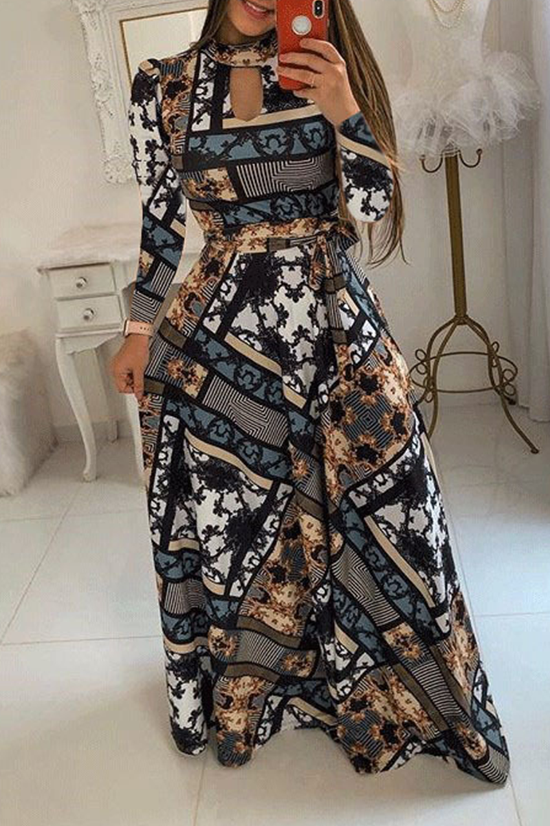 Vacation Print Hollowed Out Half a Turtleneck Cake Skirt Dresses(13 Colors)