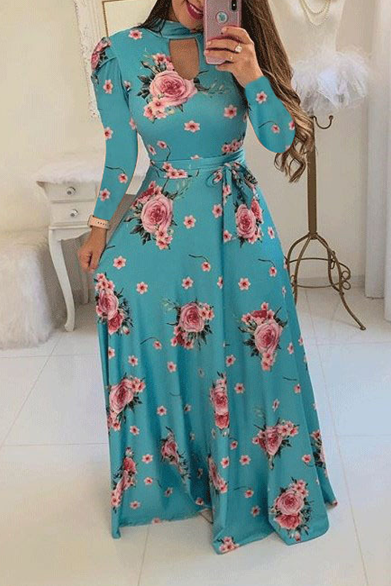 Vacation Print Hollowed Out Half a Turtleneck Cake Skirt Dresses(13 Colors)