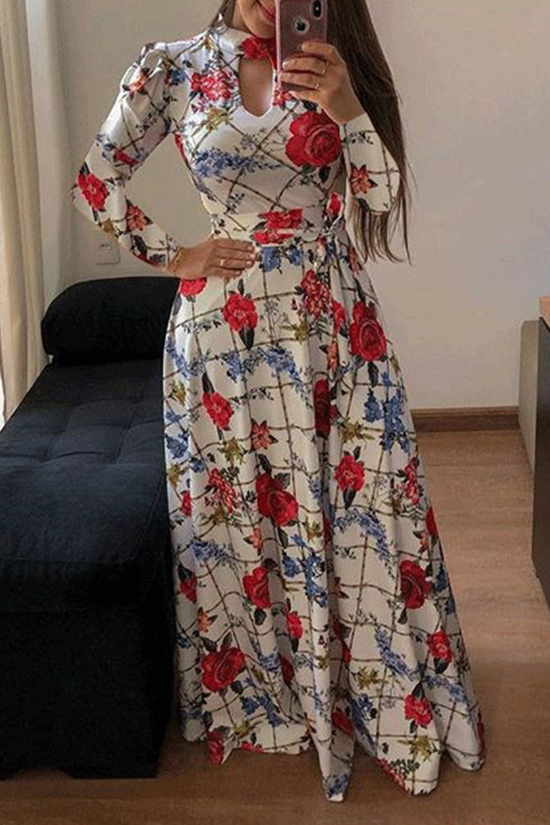 Vacation Print Hollowed Out Half a Turtleneck Cake Skirt Dresses(13 Colors)