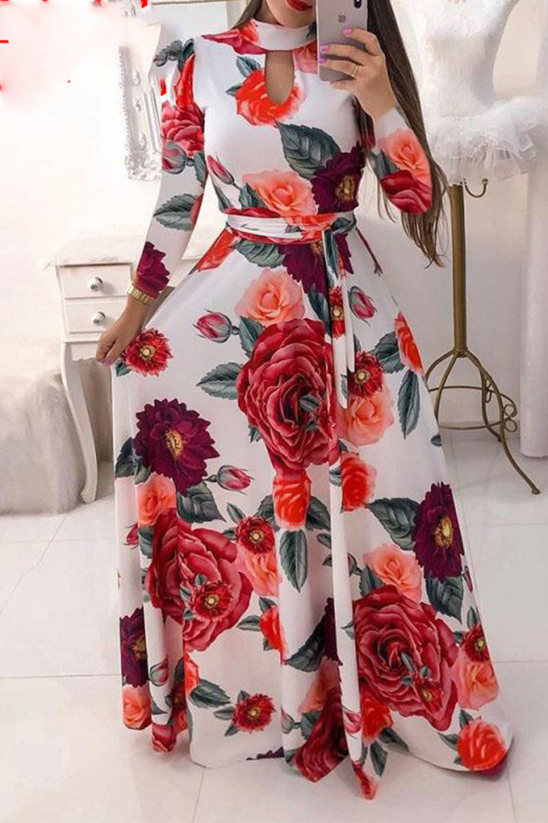 Vacation Print Hollowed Out Half a Turtleneck Cake Skirt Dresses(13 Colors)