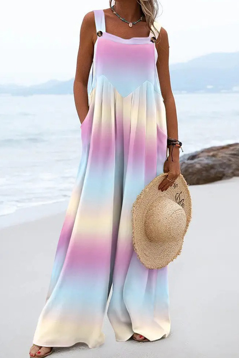 Print Patchwork Square Collar Straight Jumpsuits(4 Colors)