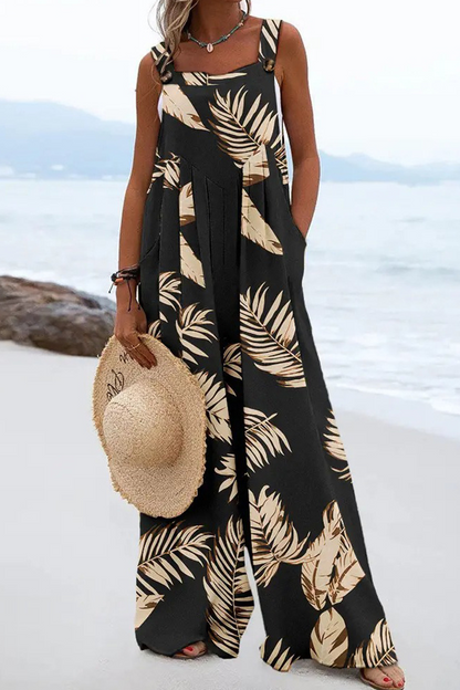 Print Patchwork Square Collar Straight Jumpsuits(4 Colors)
