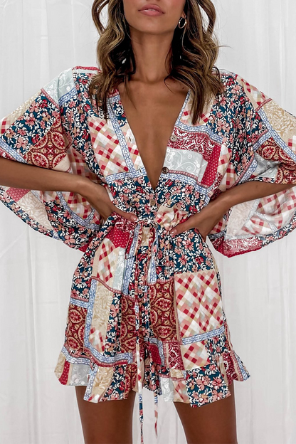 Print Patchwork V Neck Straight Jumpsuits(7 Colors)