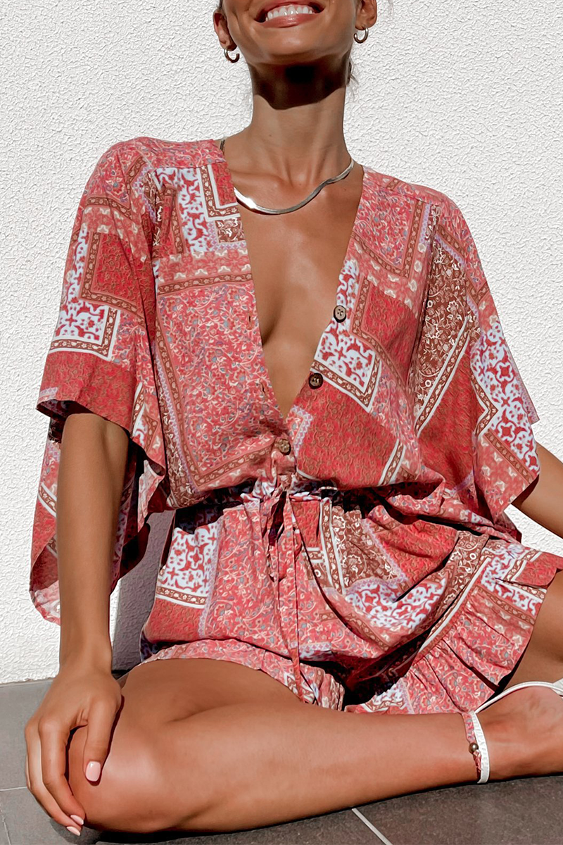 Print Patchwork V Neck Straight Jumpsuits(7 Colors)
