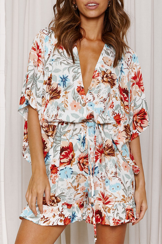 Print Patchwork V Neck Straight Jumpsuits(7 Colors)