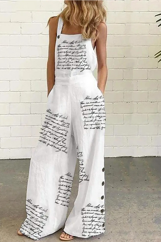 Print Patchwork Letter Square Collar Loose Jumpsuits