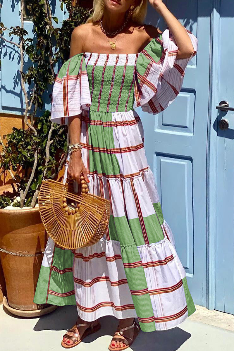 Print Patchwork Off the Shoulder Cake Skirt Dresses(3 Colors)