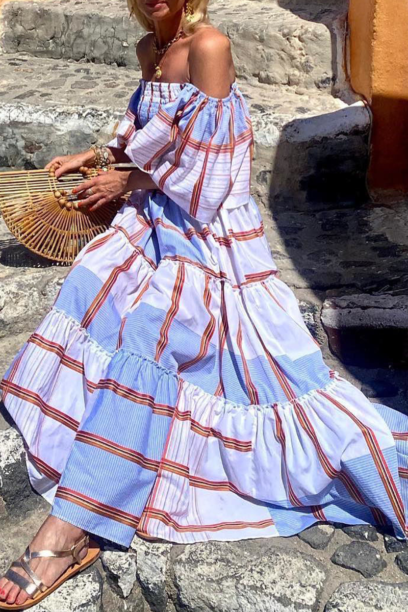 Print Patchwork Off the Shoulder Cake Skirt Dresses(3 Colors)