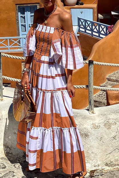 Print Patchwork Off the Shoulder Cake Skirt Dresses(3 Colors)