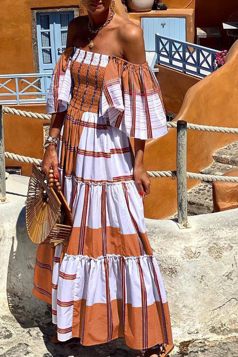 Print Patchwork Off the Shoulder Cake Skirt Dresses(3 Colors)