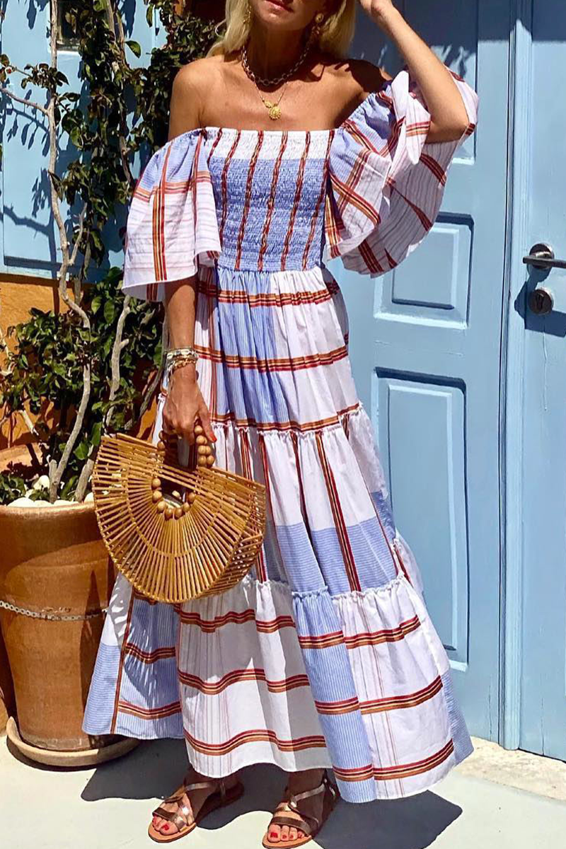 Print Patchwork Off the Shoulder Cake Skirt Dresses(3 Colors)