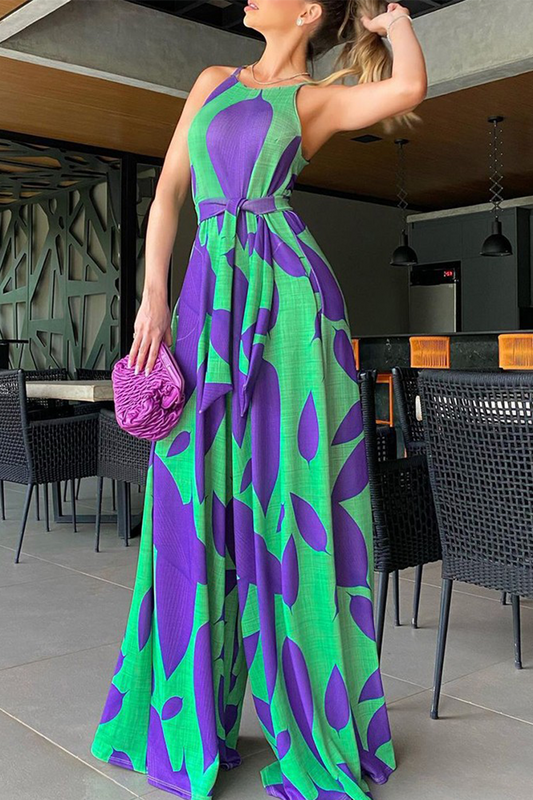 Print Patchwork Spaghetti Strap Loose Jumpsuits