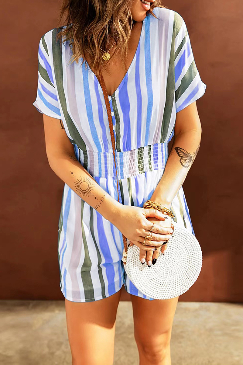 Striped Patchwork V Neck Straight Jumpsuits(5 Colors)
