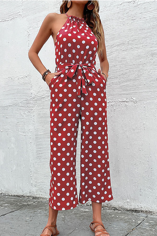 Dot Patchwork Halter Straight Jumpsuits(4 Colors)