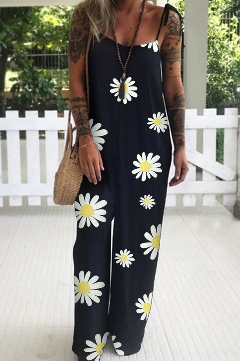 Print Patchwork Spaghetti Strap Straight Jumpsuits(3 Colors)