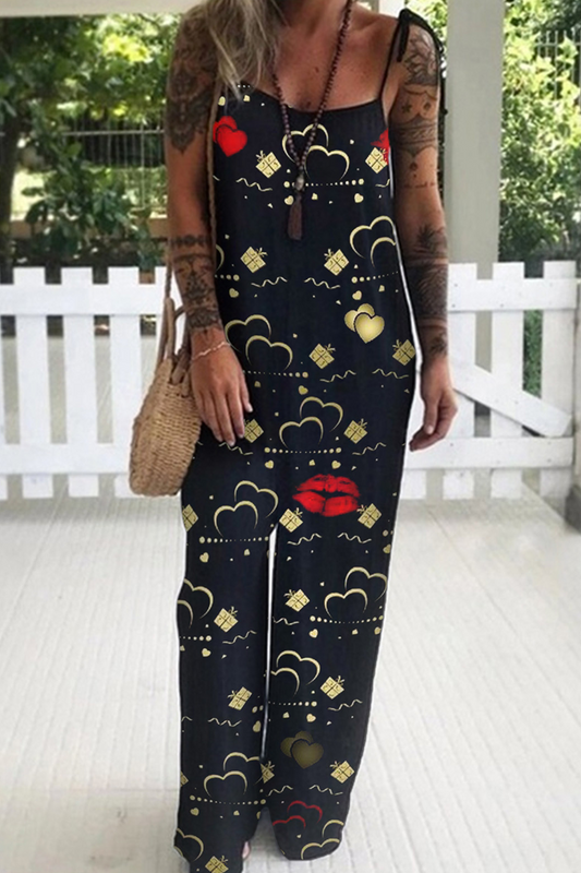 Print Patchwork Spaghetti Strap Straight Jumpsuits(3 Colors)
