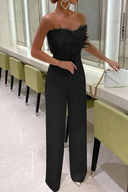 Patchwork Feathers With Belt Strapless Straight Jumpsuits(contain the Belt)(5 Colors)