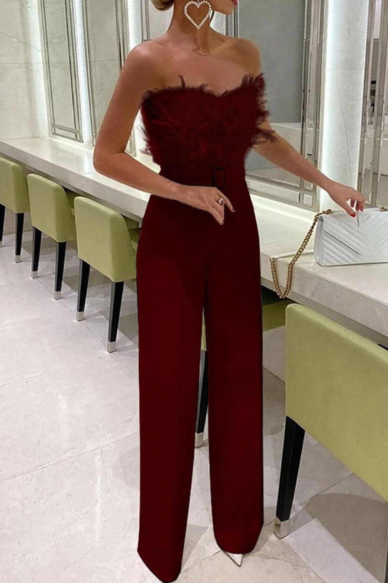 Patchwork Feathers With Belt Strapless Straight Jumpsuits(contain the Belt)(5 Colors)