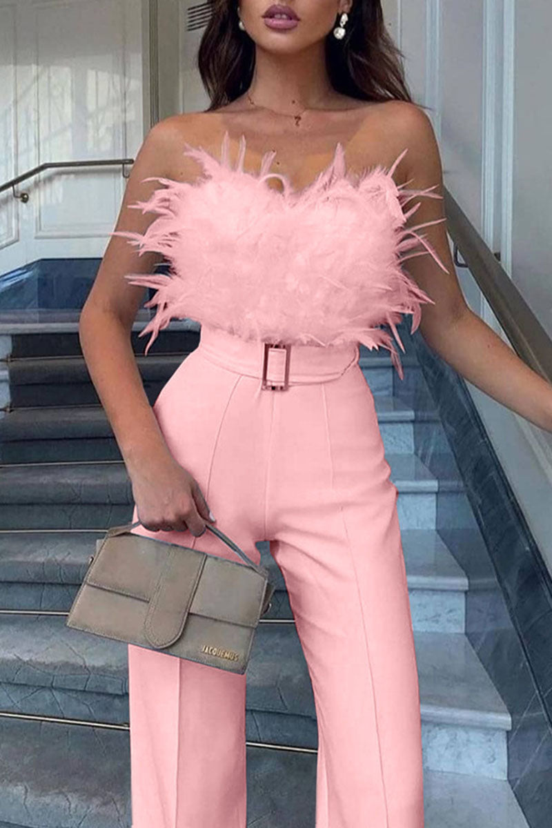 Patchwork Feathers With Belt Strapless Straight Jumpsuits(contain the Belt)(5 Colors)