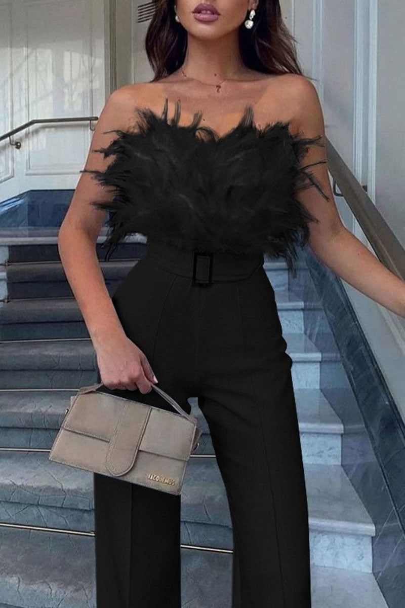 Patchwork Feathers With Belt Strapless Straight Jumpsuits(contain the Belt)(5 Colors)
