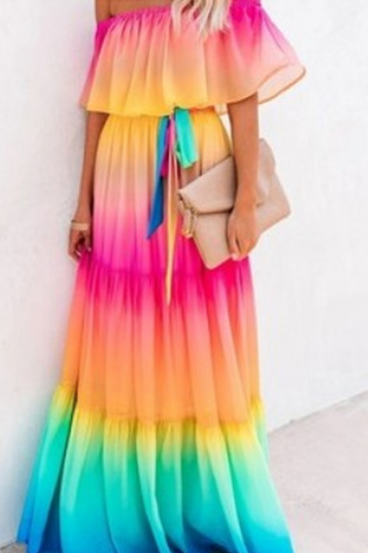 Gradual Change Flounce Off the Shoulder Cake Skirt Dresses(4 Colors)