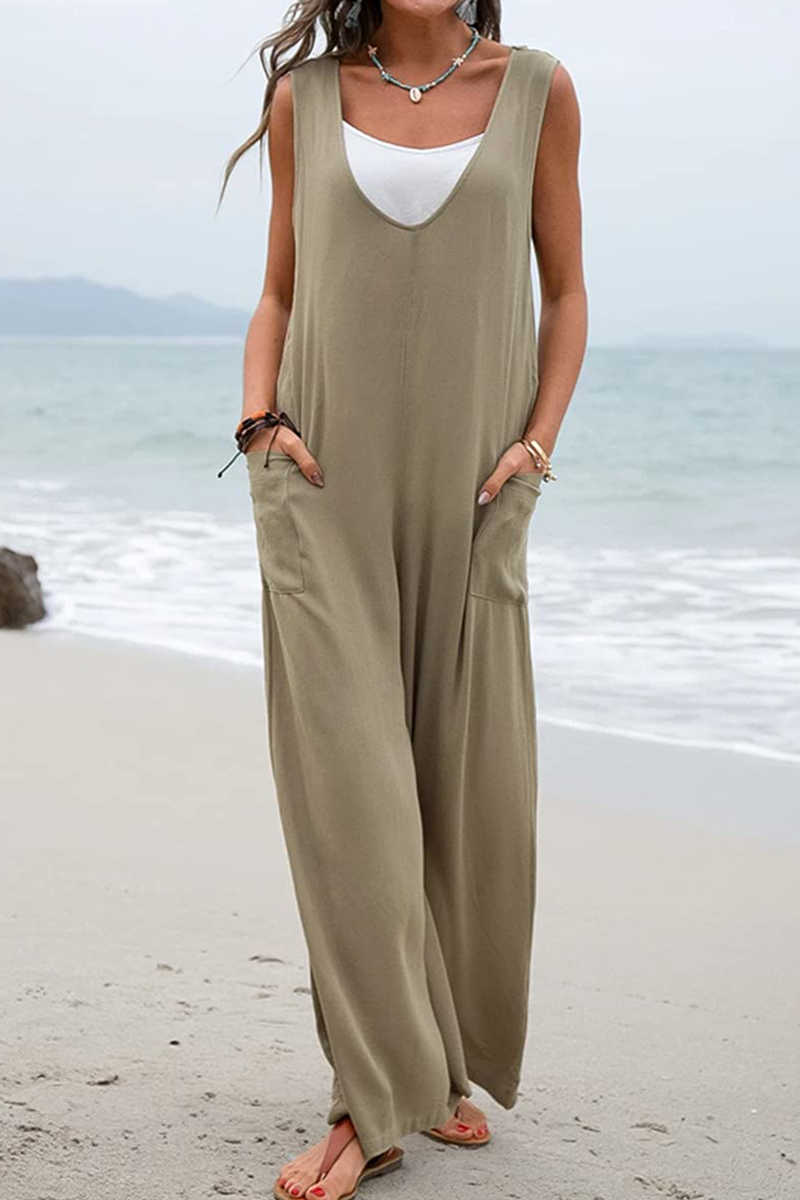 Patchwork U Neck Straight Jumpsuits(5 Colors)