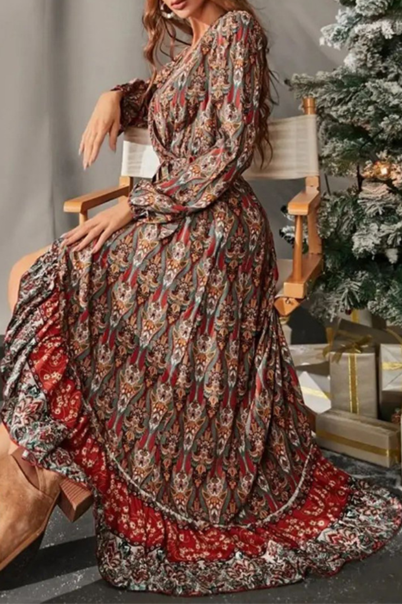 Print Patchwork V Neck Cake Skirt Dresses