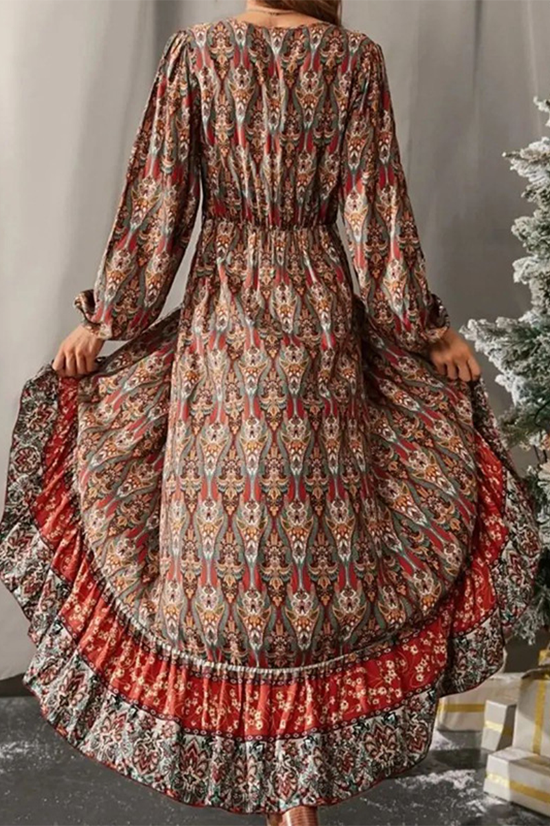 Print Patchwork V Neck Cake Skirt Dresses
